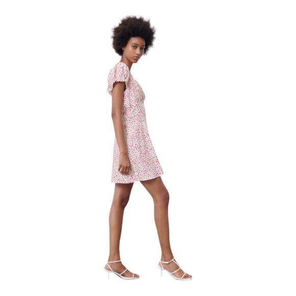 Zara Linen Blend White & Pink Floral Mini Dress Size Medium - Picture 2 of 9